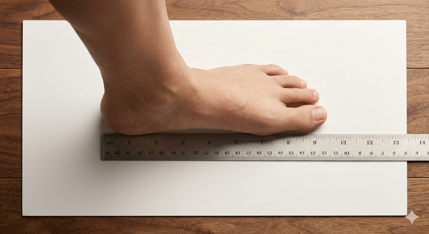 Foot measurement with a ruler on a white paper, placed on a wooden surface