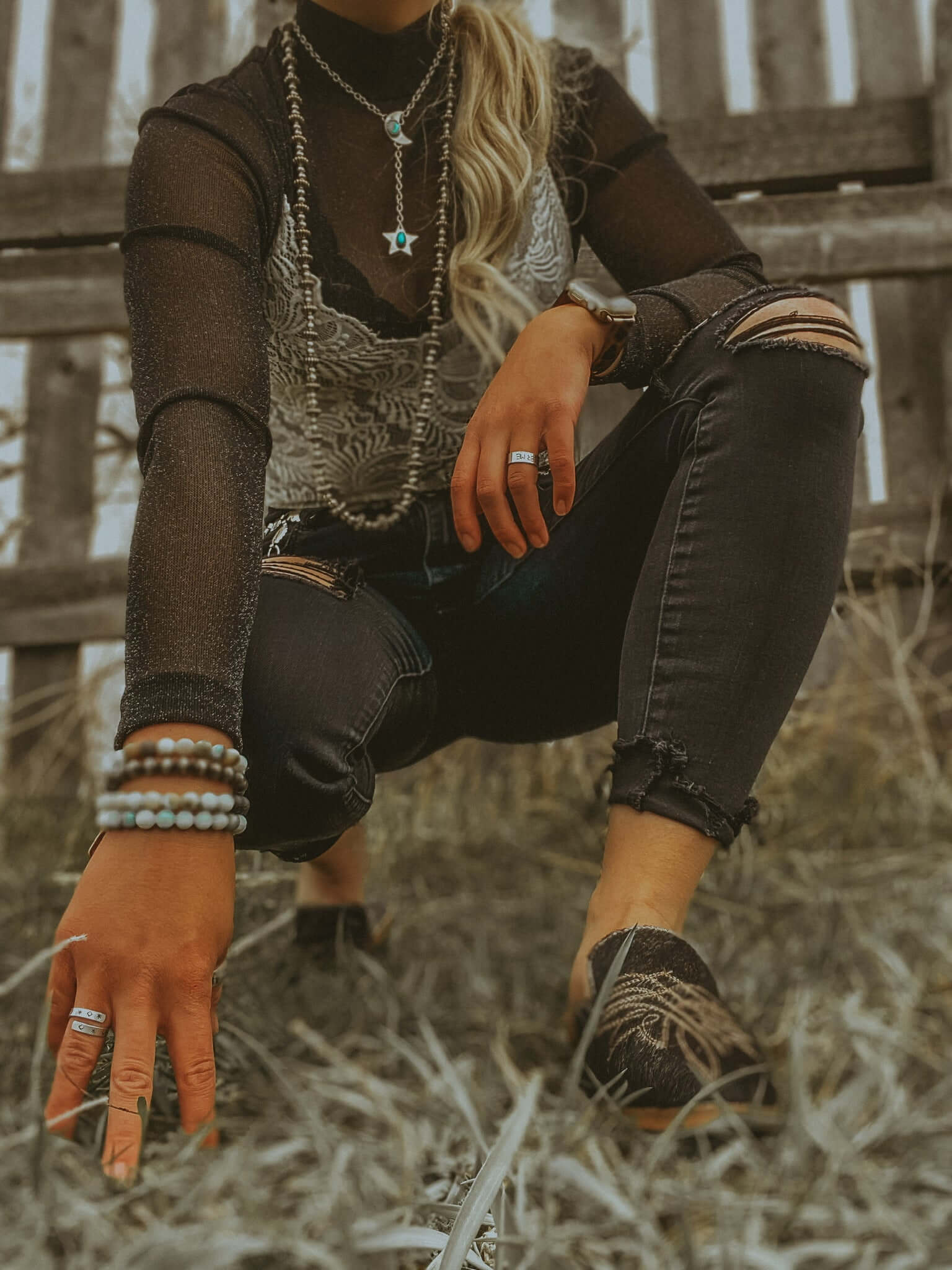 abby cowhide mules western stitching