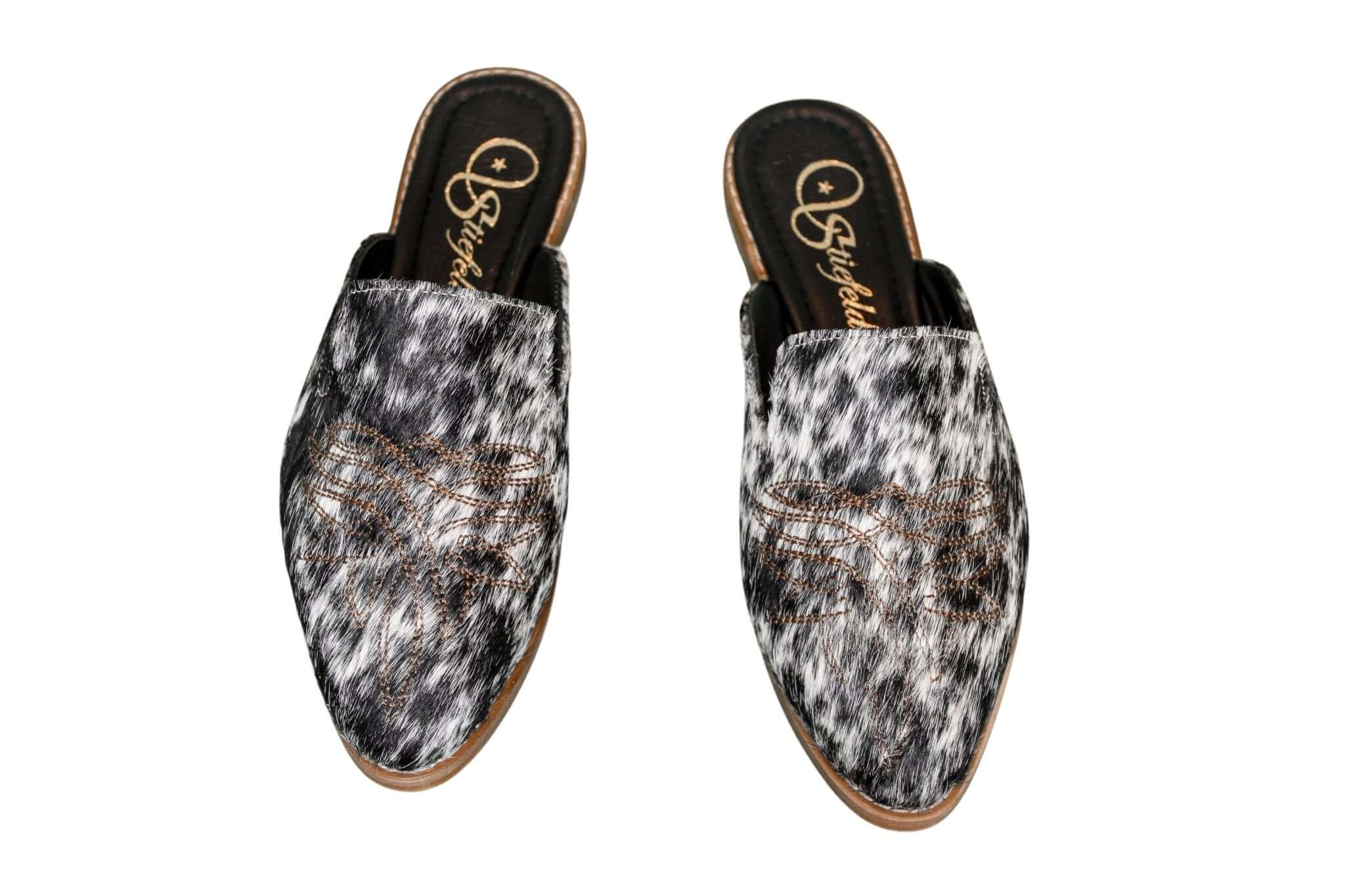 Abby Cowhide Mules – Hair-on Hide – Size 6 – Side View