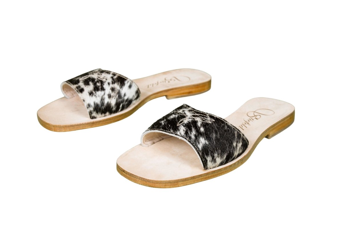 Agnes Hair - on - Hide Cowhide Slides – Black & Brown - Stiefeld Boots