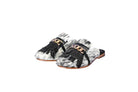 Ines hair on hide fringe mule in black and white cowhide, square toe, flat sole, handcrafted in Mexico