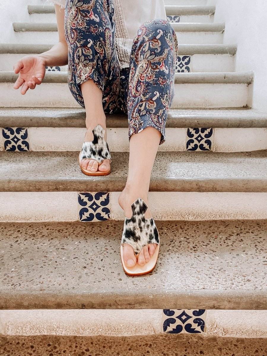 Luciana Hair - on - Hide Cowhide Sandals – Black & White - Stiefeld Boots