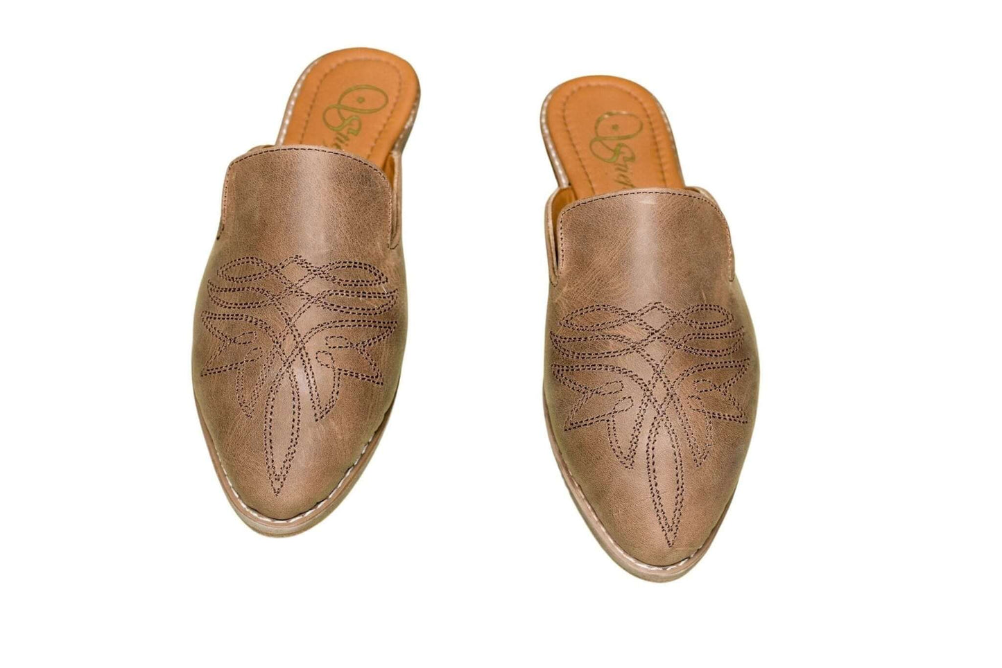 Abby Cowhide Mules – Brown Leather – Western Stitch Detail