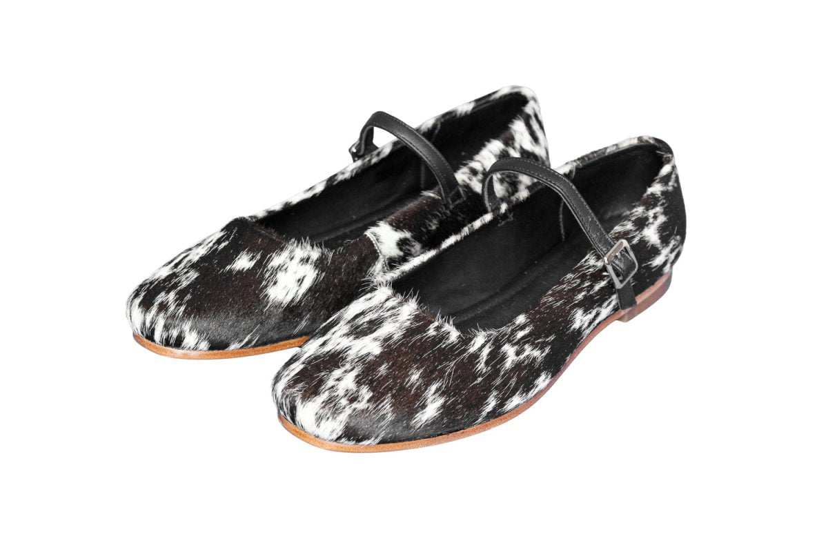 cassandra mary jane cowhide shoes black and white handmade in leon mexico