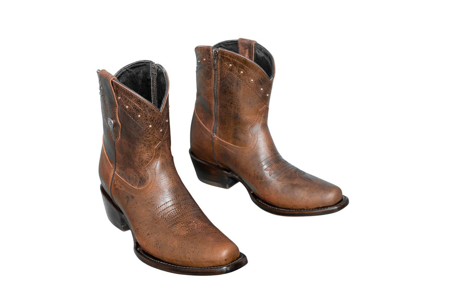 Loretta Brown Leather Boots – Short Western Boots with Decorative Hardware