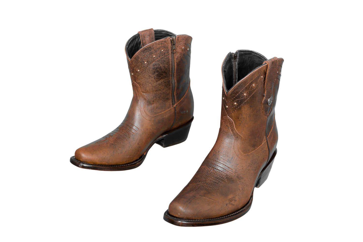 Loretta Brown Leather Boots – Short Western Boots with Decorative Hardware