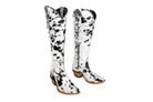 Side profile of Lorraine knee-high hair-on-hide boots—snip toe