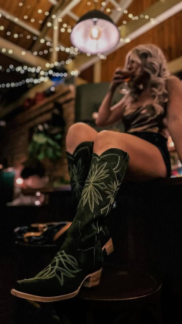 Lorraine Suede Tall Boots – Olive Green – Handmade Western Boots