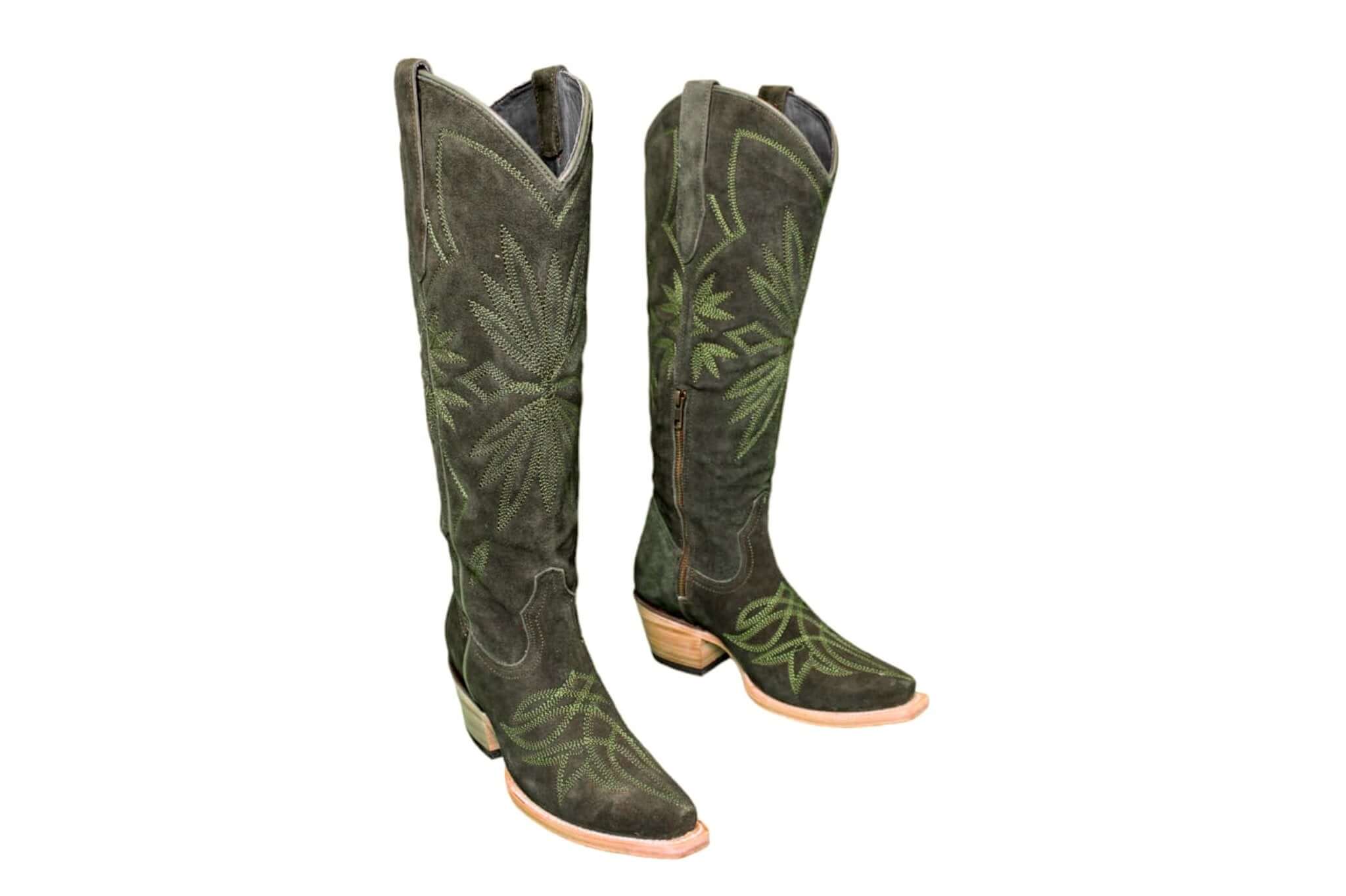 Lorraine Suede Tall Boots – Olive Green – Handmade Western Boots