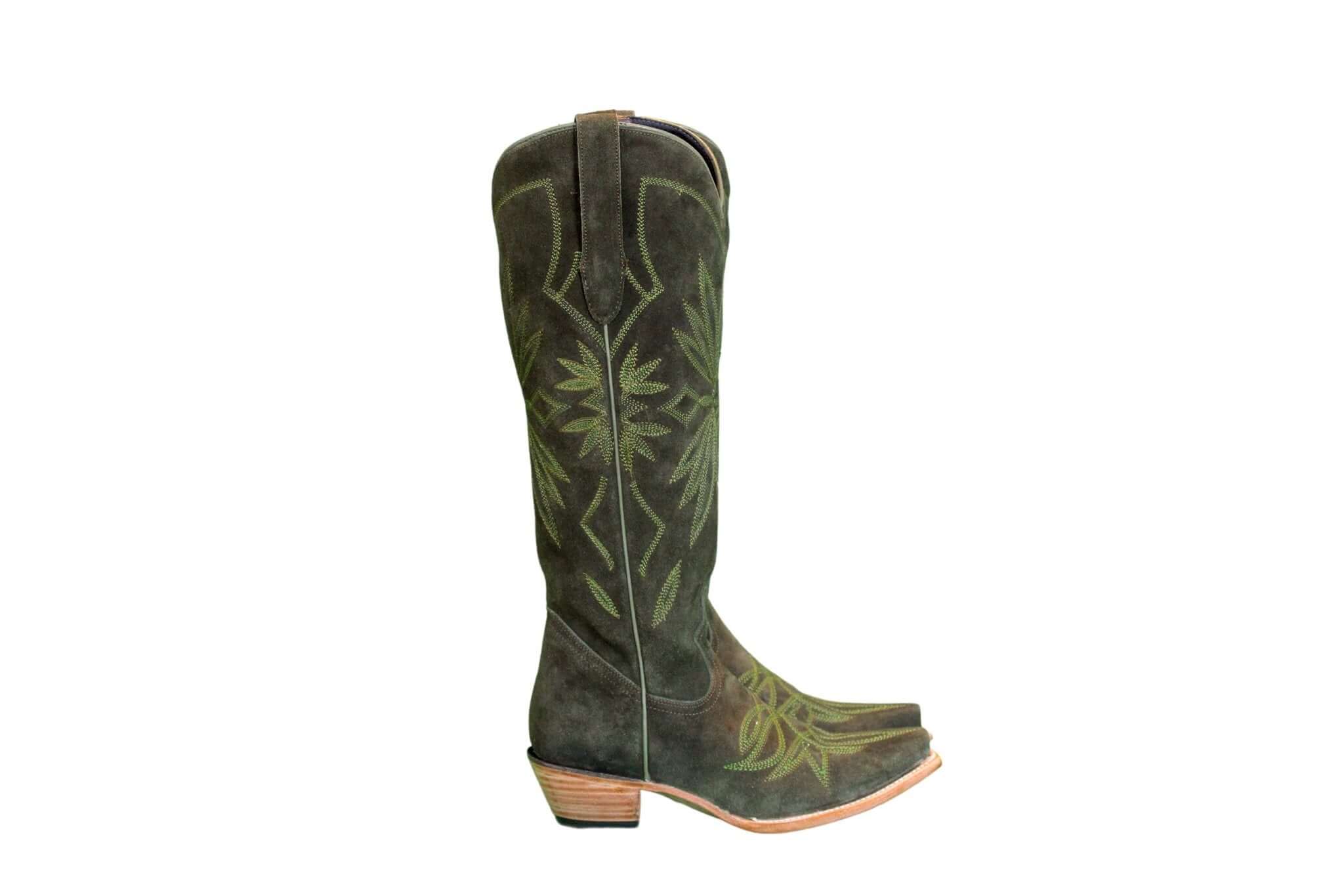 Lorraine Suede Tall Boots – Olive Green – Handmade Western Boots