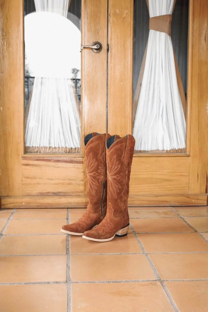 Lorraine Suede Cowgirl Boots – Brown Camel Leather – Western Tall Boots for Women