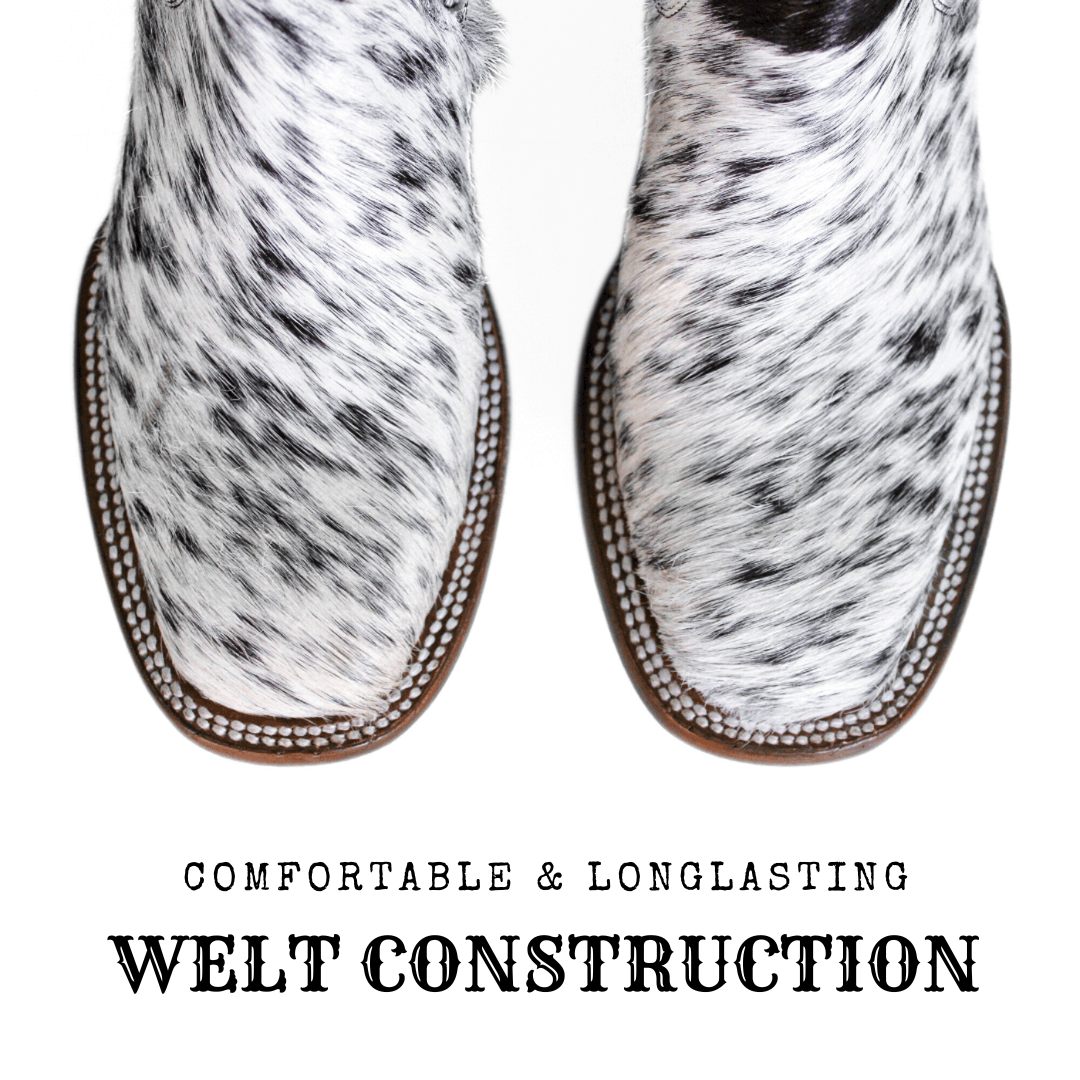 Top view of welt-stitched leather sole on a cowhide boot