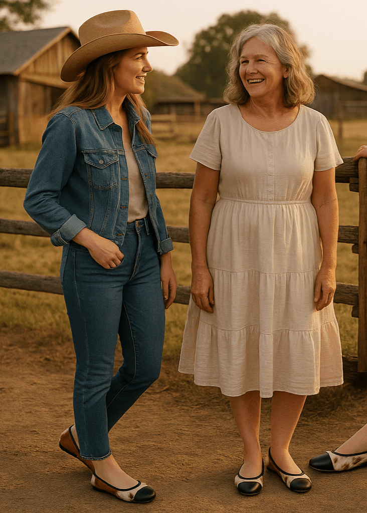 women of the rural area in the us wearing the mia hair-on hide ballerina flats and the toe with black leather.