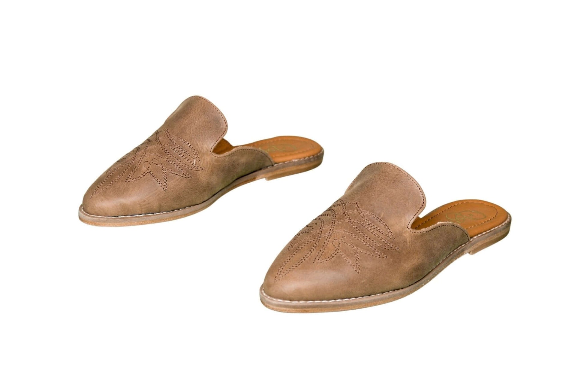 Abby Cowhide Mules – Brown Leather – Western Stitch Detail